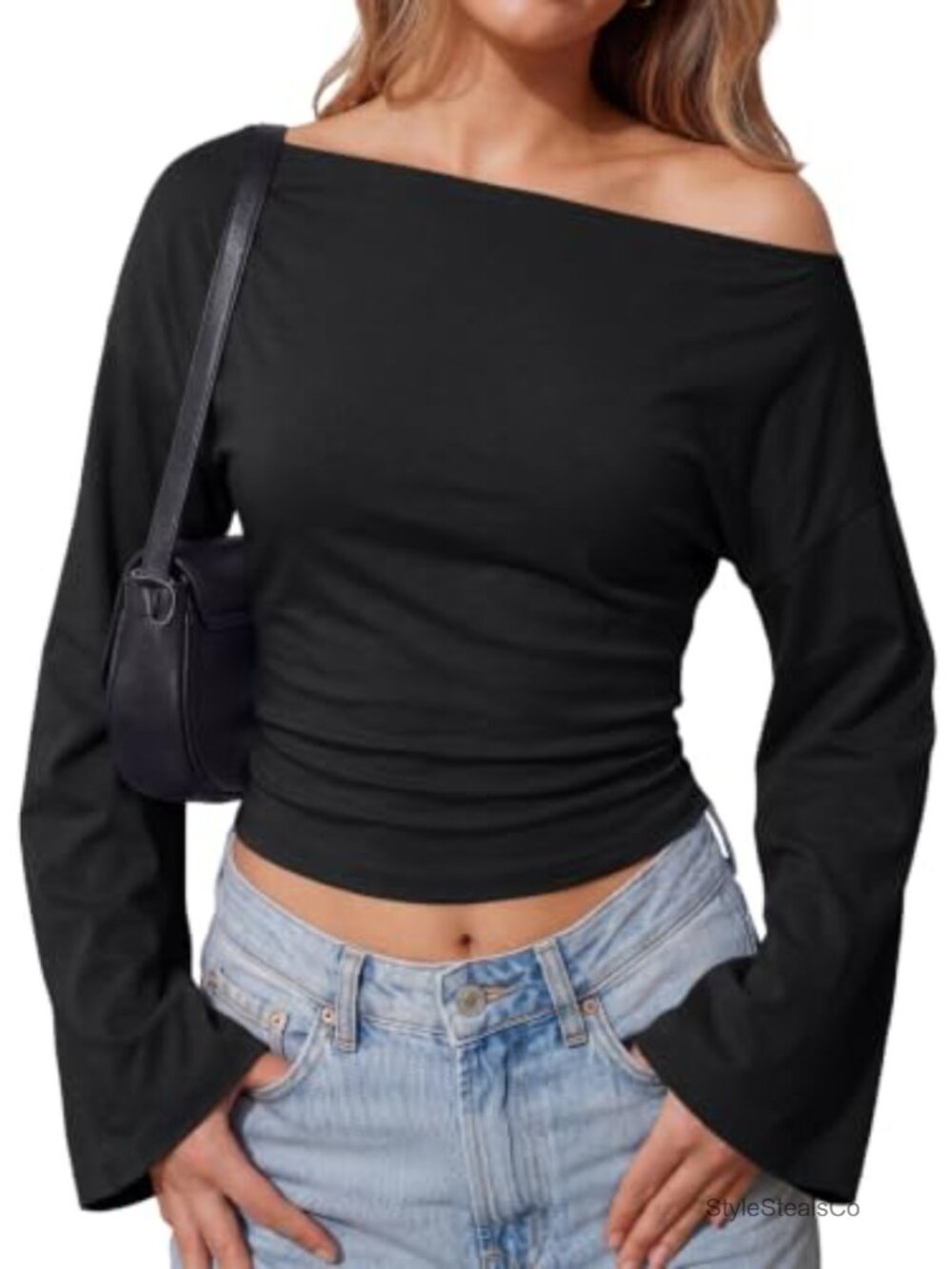 Womens Off Shoulder Bell Sleeve Ruched Cinched Waist Fitted Top